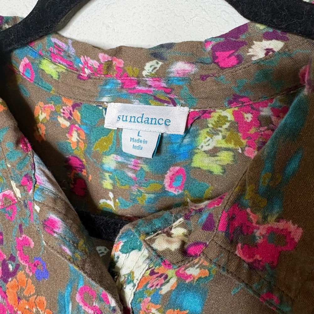Sundance Olive Brown Floral Button-Up Blouse with Bright Multi-Color Print Large - Picture 4 of 6